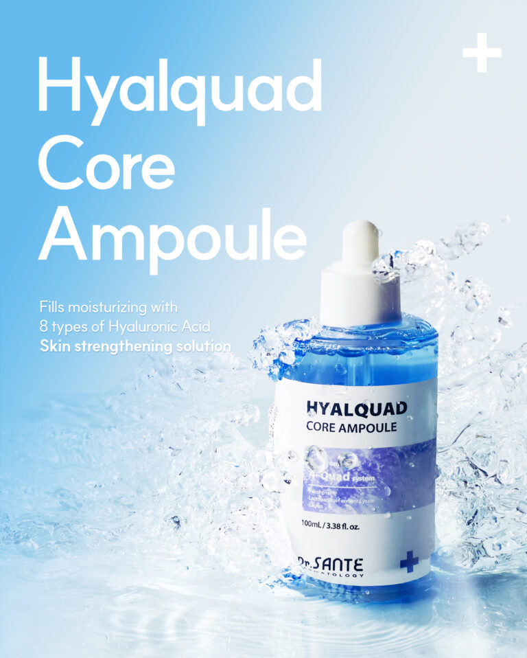 Hyalquad Core Ampoule – Intensive Hydrating Serum with 8 Types of Hyaluronic Acid, Fermented Extracts & Aquaxyl – For Dehydrated and Sensitive Skin