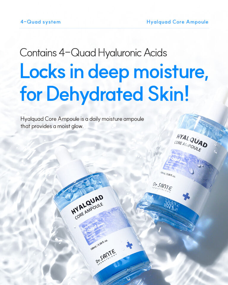 Hyalquad Core Ampoule – Intensive Hydrating Serum with 8 Types of Hyaluronic Acid, Fermented Extracts & Aquaxyl – For Dehydrated and Sensitive Skin