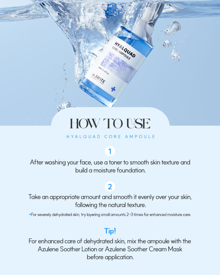 Hyalquad Core Ampoule – Intensive Hydrating Serum with 8 Types of Hyaluronic Acid, Fermented Extracts & Aquaxyl – For Dehydrated and Sensitive Skin