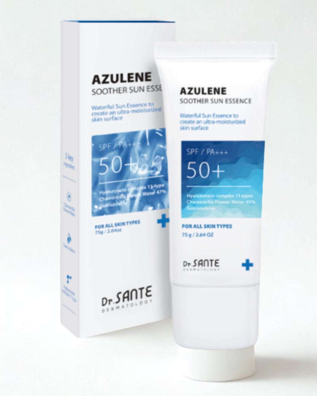 Dr. Sante Azulene Calming Sun Essence – Lightweight Hydrating Sunscreen for Sensitive, Red & Irritated Skin with Azulene, Chamomile & 11 Types of Hyaluronic Acid